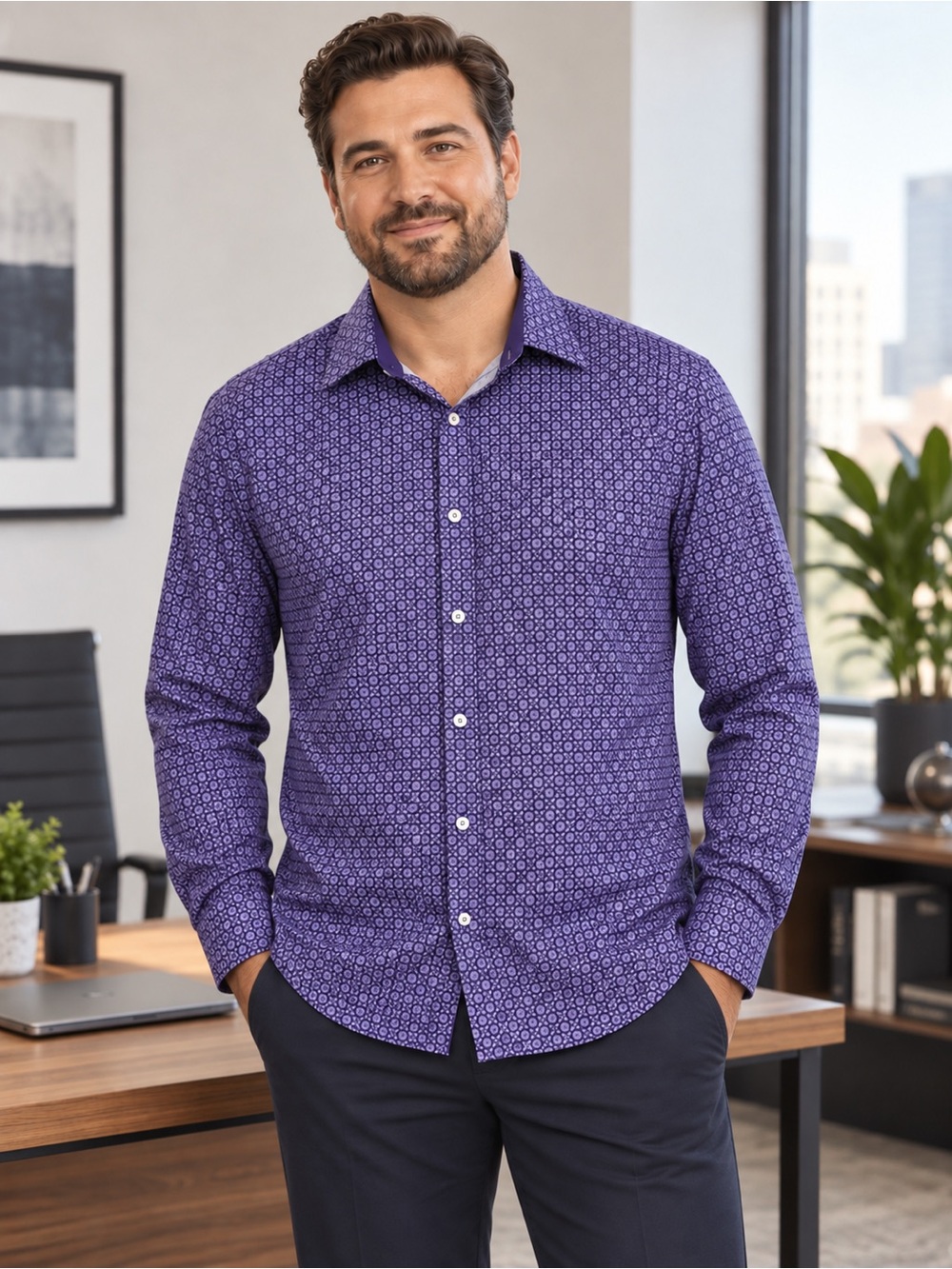 Nick Graham Men's Purple Micro Floral Button-Down Shirt
